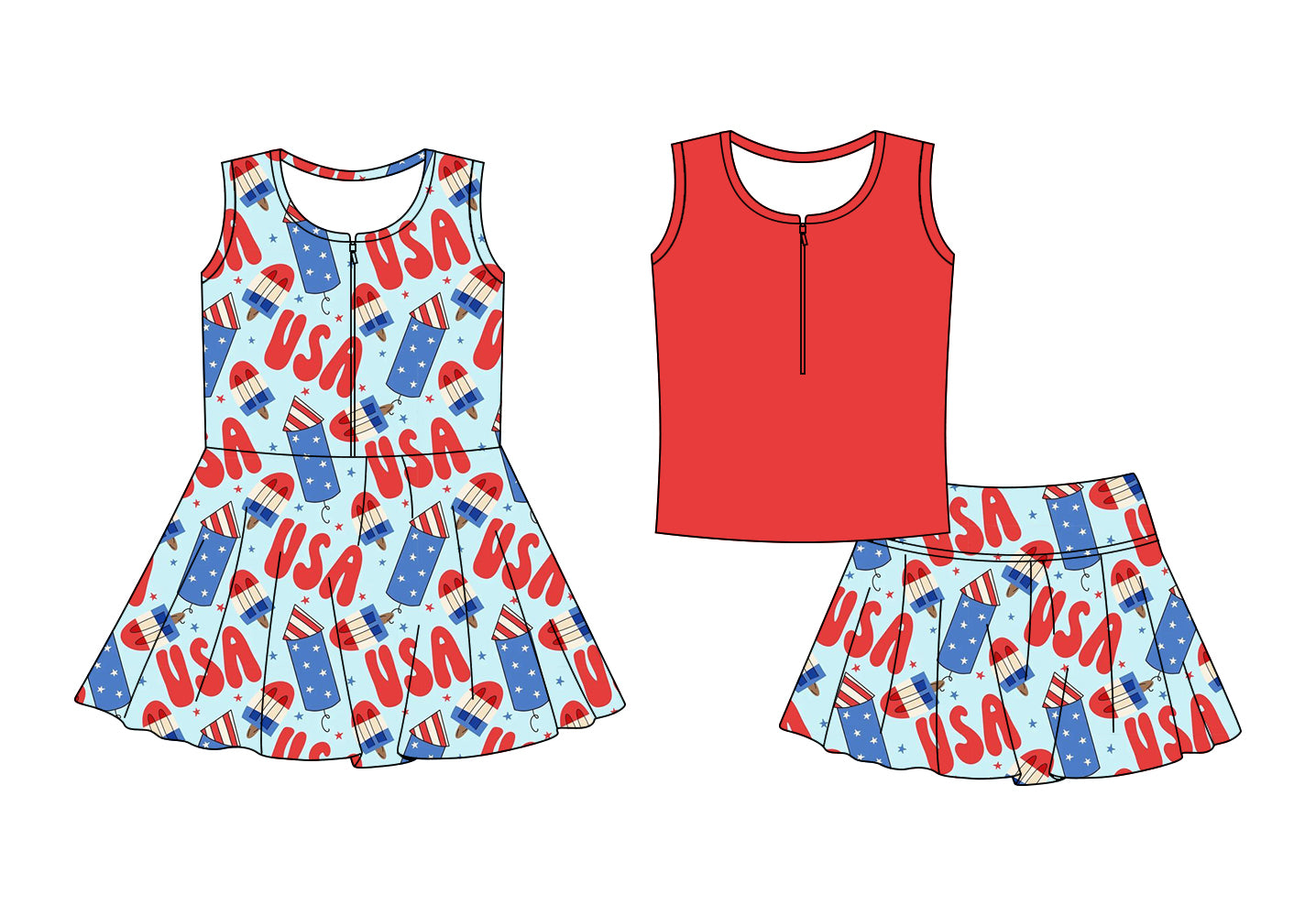Custom moq 5 mix size Sibling 4th of July Baby Girls' Sleeveless Zipper Yoga Set Skirt Top Set Cute Zipper Yoga Dress for Little Girls