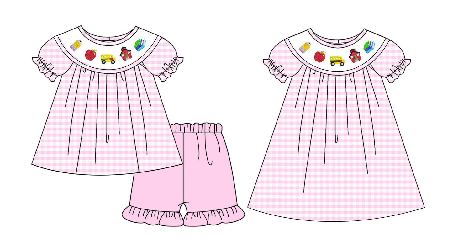 3.3 Custom moq 5 mix size Sibling Baby Girl's pink plaid short-sleeved Top And Shorts Set Cute Dress for Summer
