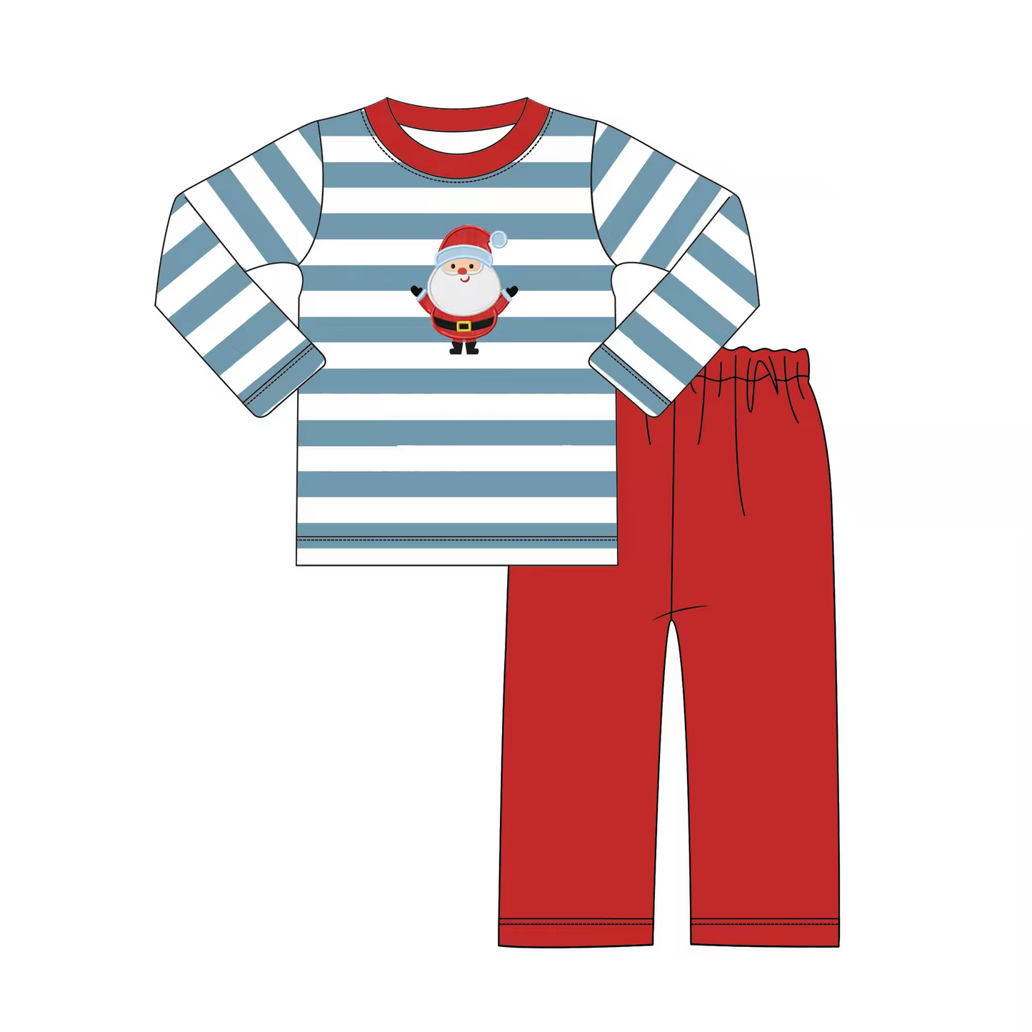 Custom moq 3 eta 6-8weeks Embroidered Chubby Santa Claus Blue Striped Top-Red Straight Pants Set
