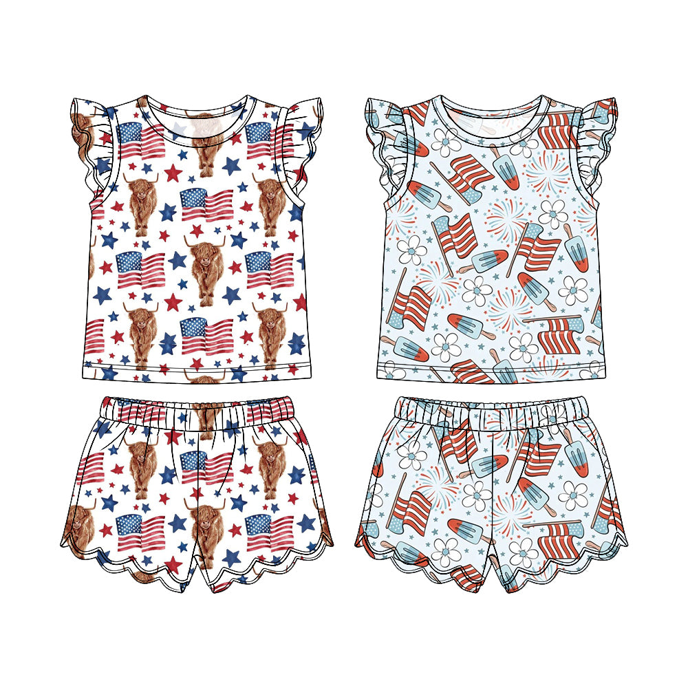 3.31 Custom moq 5 mix size Sibling Baby Girl's 4th of July Flutter Sleeves Top And Scallop Shorts Set Cute Casual Outfit