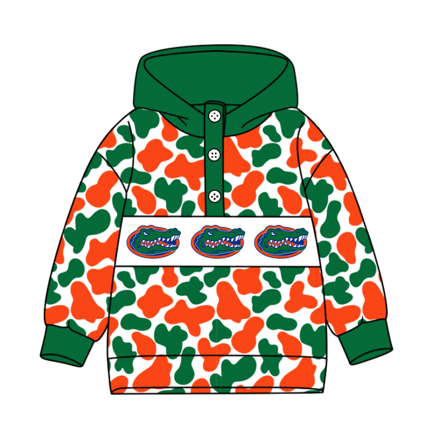 1-Custom moq 8 mix size milk silk summer team baby boy clothes camouflage green and orange hooded long sleeve top-25.10.9