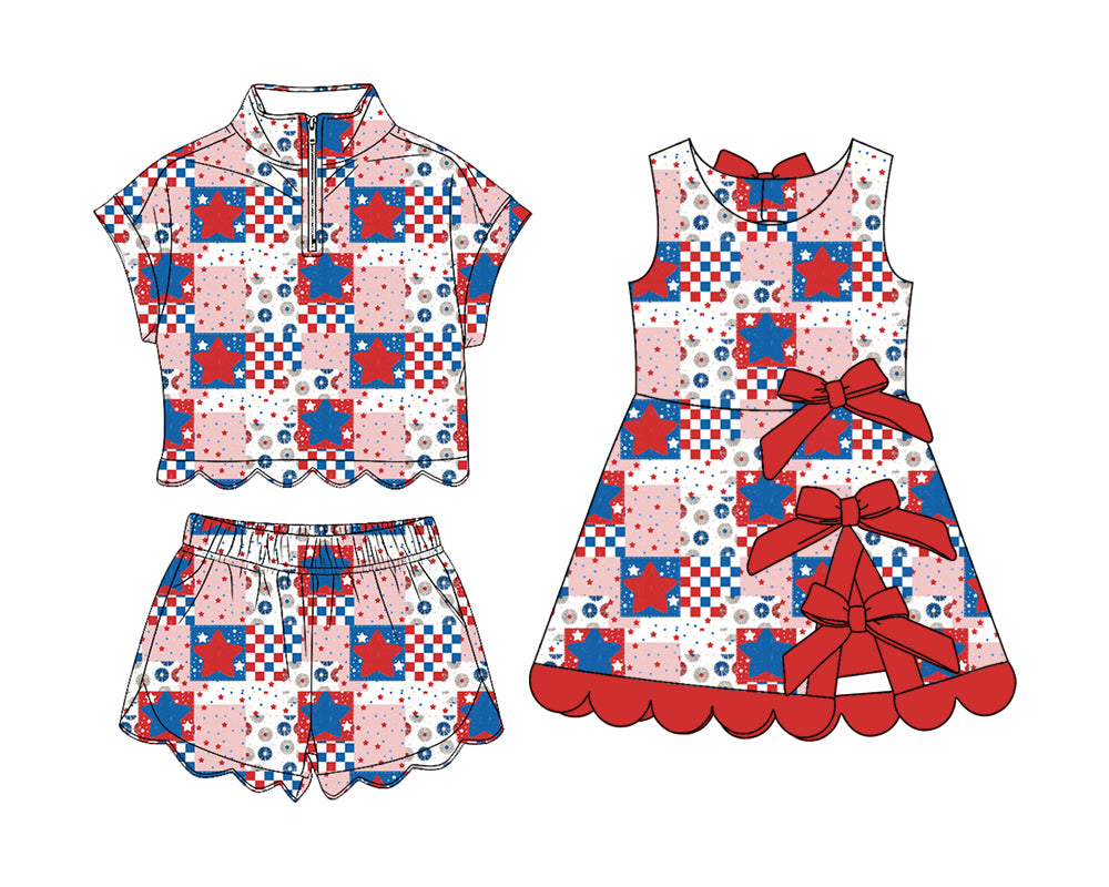 4.8 Custom moq 5 mix size Sibling Baby Girls 4th of July Checkered Zipper Top Short Scallop Sets Yoga Active Scallop Short Knee Length Dress