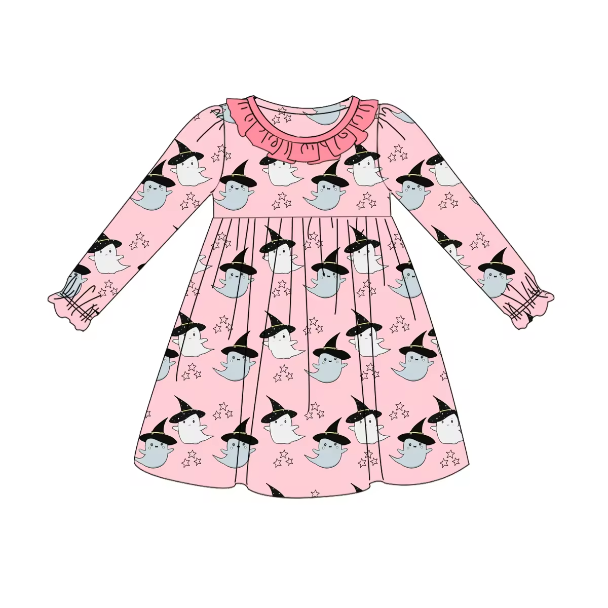 Custom moq 3 eta 6-8weeks Long Sleeve Halloween Ghost-Star Pink Dress