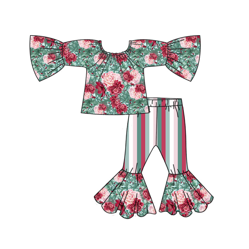 7.1 custom each style moq 5eta 4-6week girls floral long sleeve striped pants baby girls sets