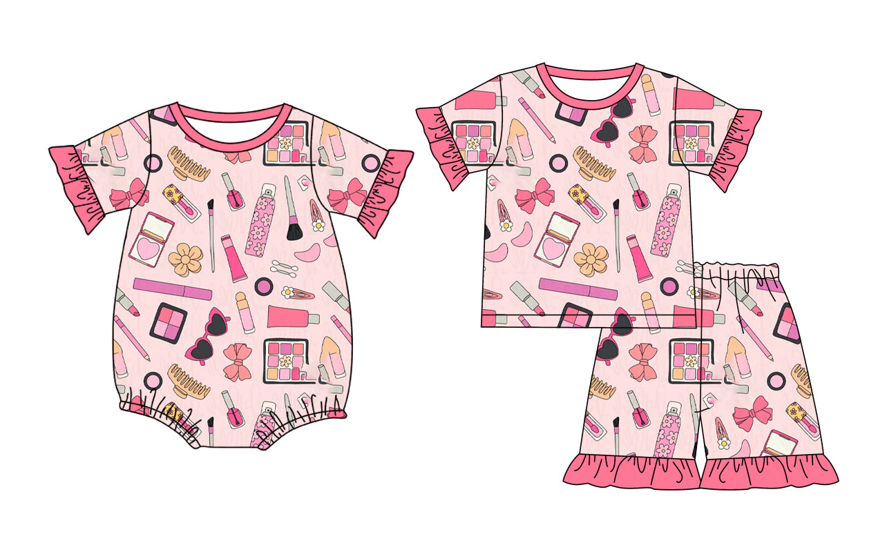 Custom moq 5 mix size Sibling Pink Short-Sleeved Baby Girl Pajama Set with Top And Shorts Romper for Little Ones