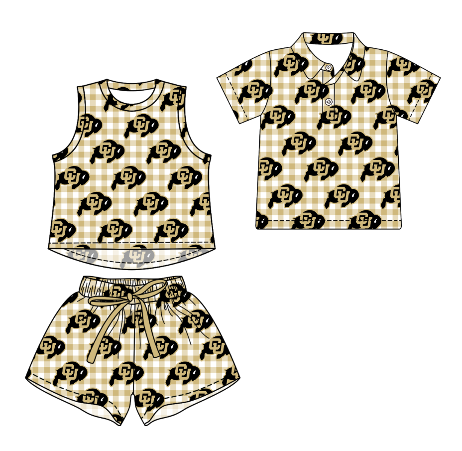 Custom moq 5 mix size milk silk summer teams Girls Yellow Checked Sleeveless Top And Short Sets Boys Short Sleeve Button Polo Shirt Top