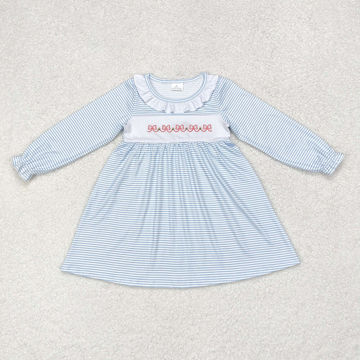 RTS NO MOQ Bow embroidery striped skirt and romper Blue Stripes Bows Sibling Sister
