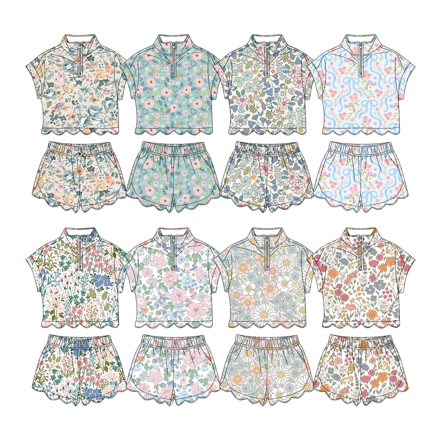 3.11 Custom moq 5 mix size Sibling Kids' Floral Scallop Short-Sleeved Zipper Top And Shorts Set Summer Outfits