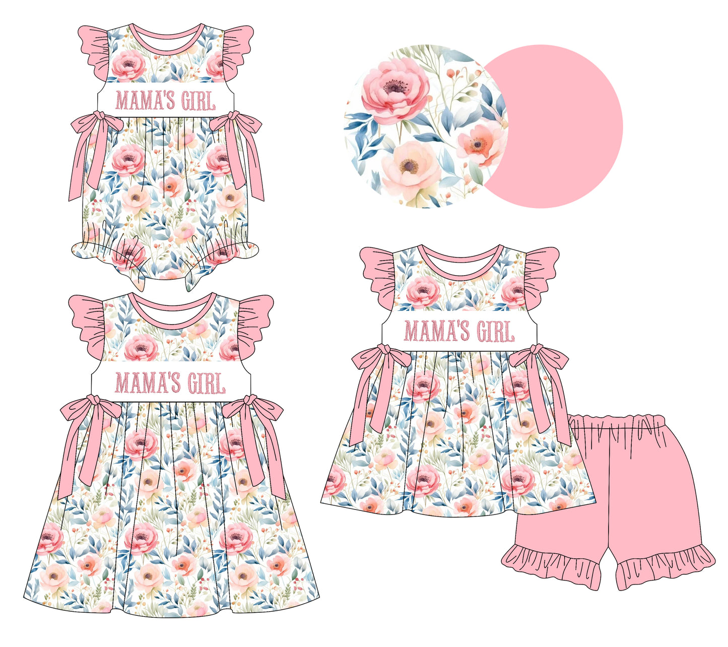 25.12.20 custom each style moq 5 eta 6-8week Sibling Sister MAMA floral baby short sleeve shorts sets and romper and dress match design