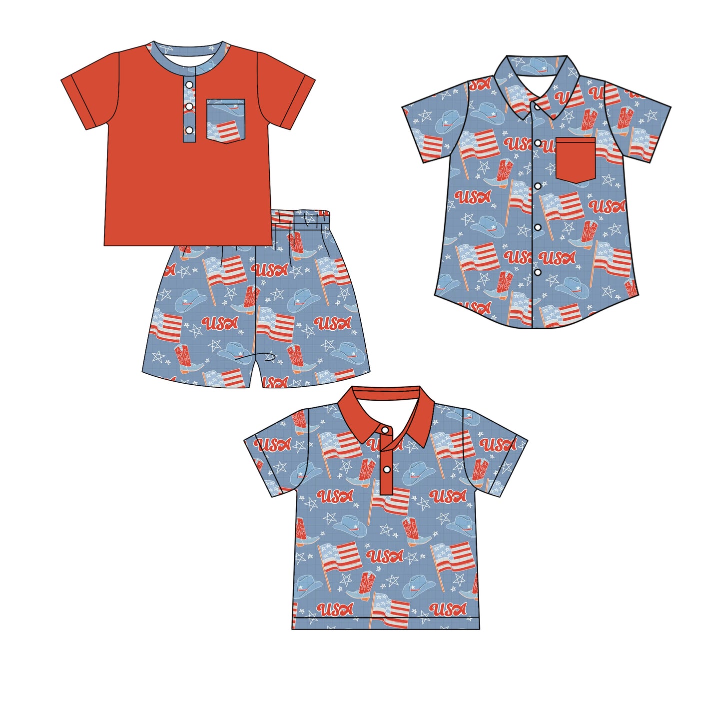 Custom moq 5 mix size Baby Boy Short-Sleeved Top And Shorts Set Polo Shirt button-down top with pockets summer 4th of July Outfit
