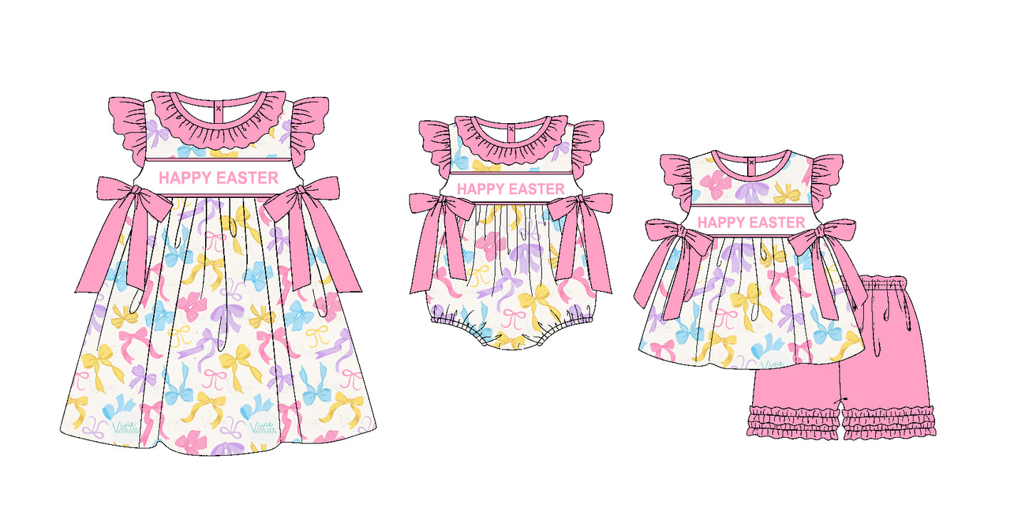 11.20 custom each style moq 5eta 4-6week Sibling Sister HAPPY EASTER baby girl short sleeve shorts sets and dress and rompers match family design