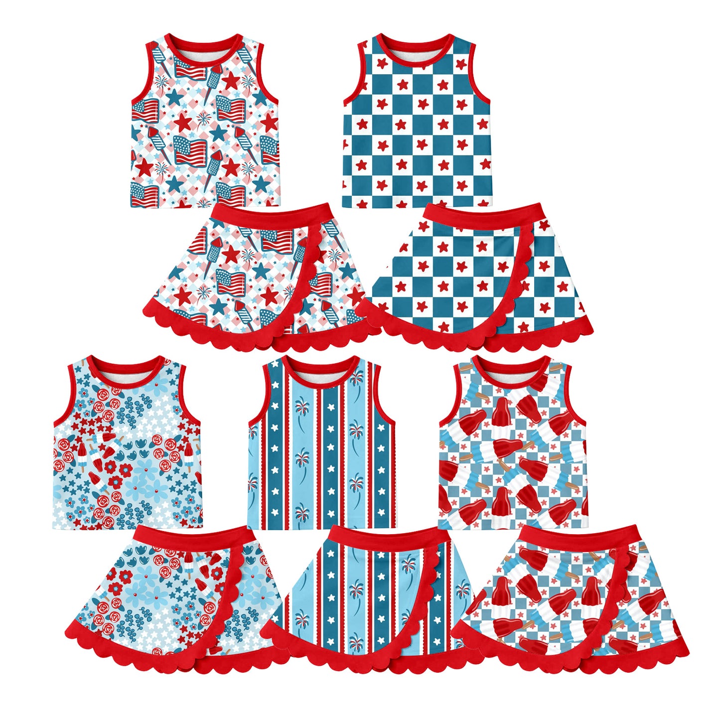 4.10 Custom moq 5 mix size Sibling Baby Girls 4th of July Sleeveless Scallop Edge Vest And Skirt Short Set Active Yoga Clothes