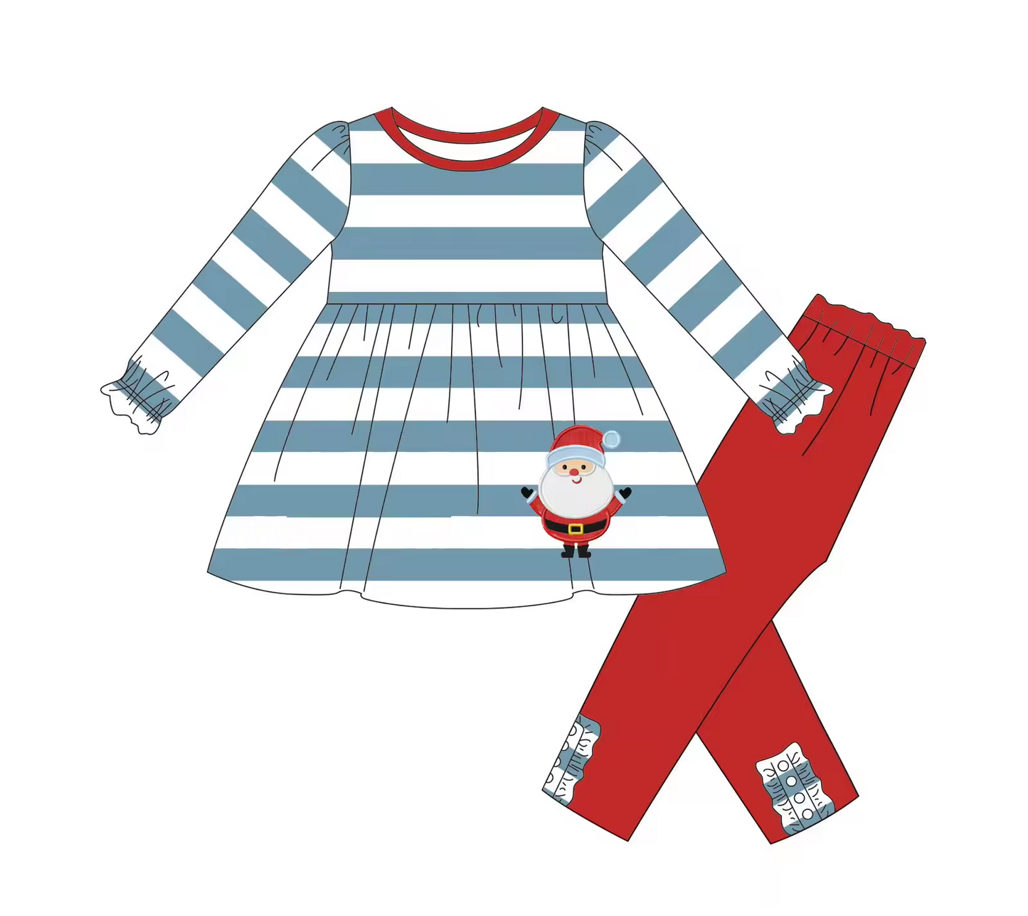 Custom moq 3 eta 6-8weeks Embroidered Chubby Santa Claus Blue Striped Elastic Cuff Long Sleeve Top - Red Pants Set