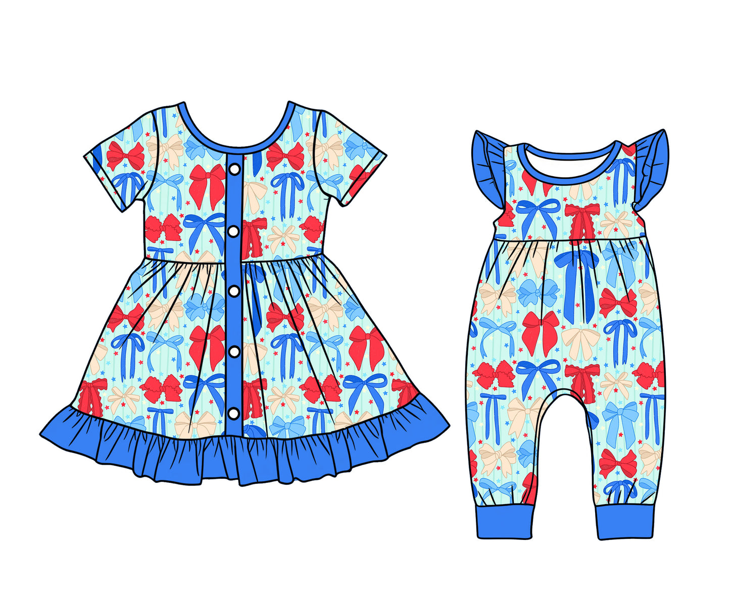 3.10 Custom moq 5 mix size Sibling Baby Girls Blue 4th of July Short Sleeves Ruffle Knee-Length Dress Flying Sleeves Romper