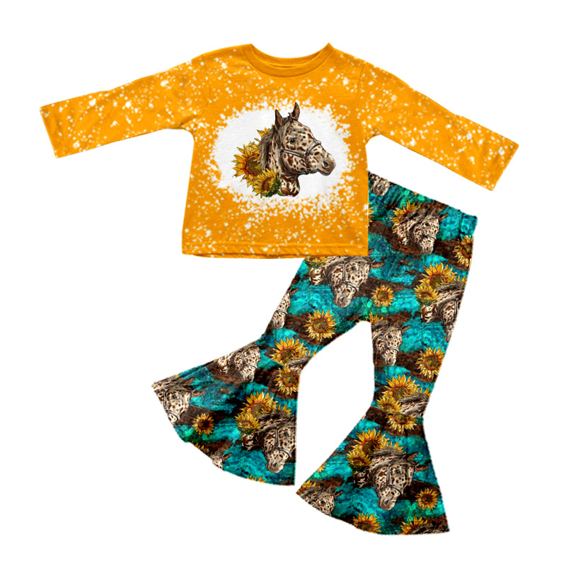 8.28 custom each style moq 5eta 4-6week baby girls clothes cow head sunflower long sleeve pants sets