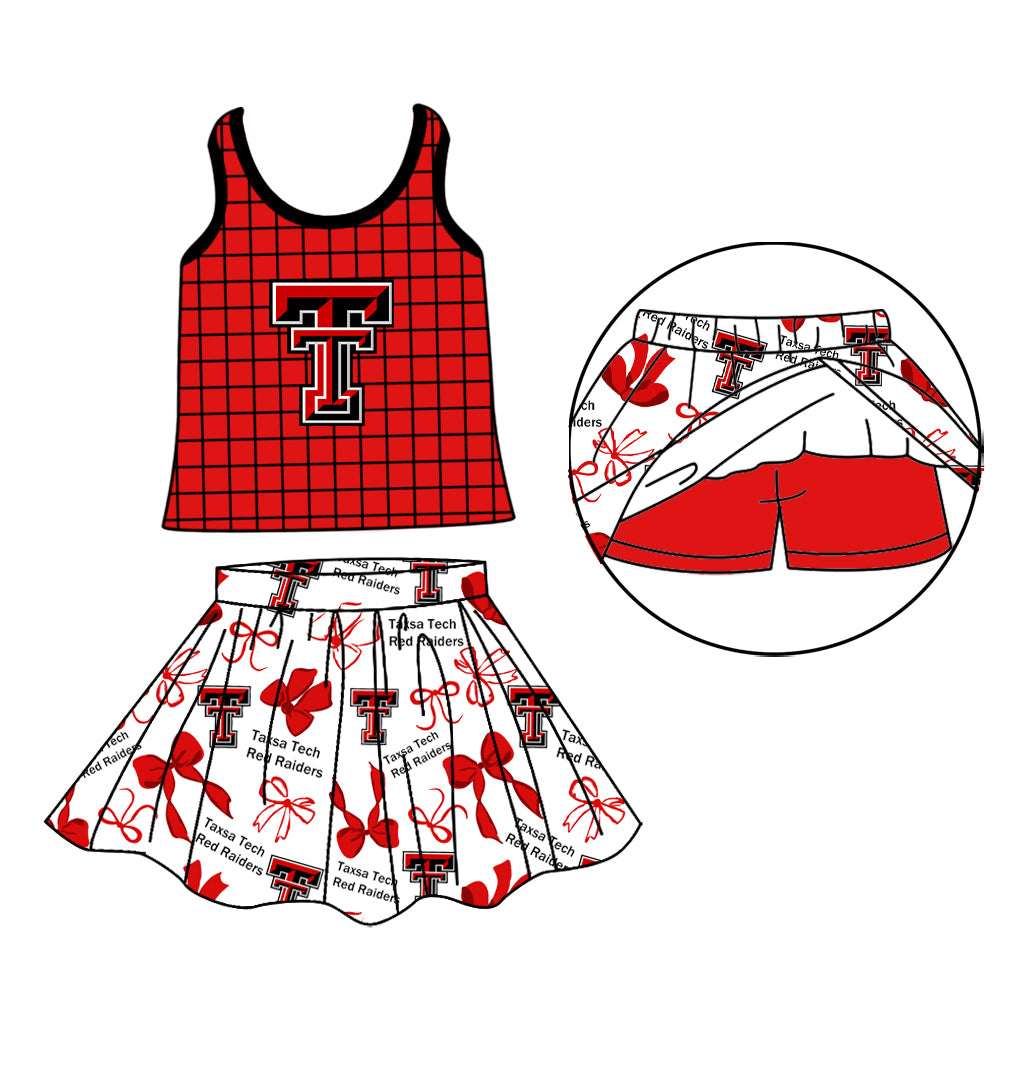 Custom moq 5 mix size milk silk summer teams Baby Girls Summer Red Sleeveless Plaid Top Letter Bow Skort Sets
