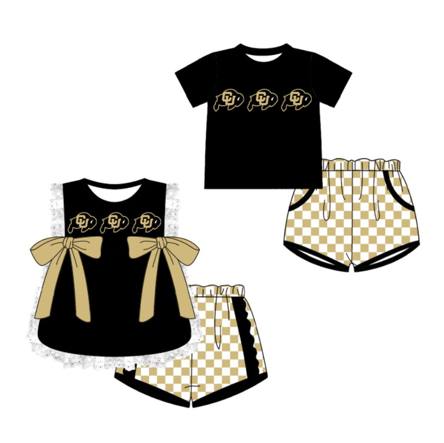 Custom moq 5 mix size milk silk summer teams Black Girl Sleeveless Top And Plaid Shorts Set with Bow Boy Short Sleeved Top And Plaid Shorts Set