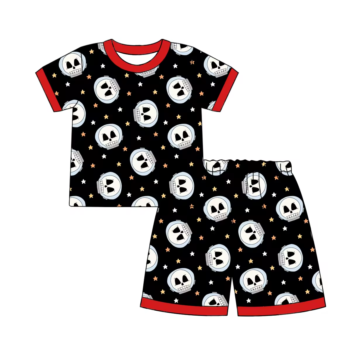 Custom moq 3 eta 6-8weeks Black short-sleeved shorts suit with skull and stars