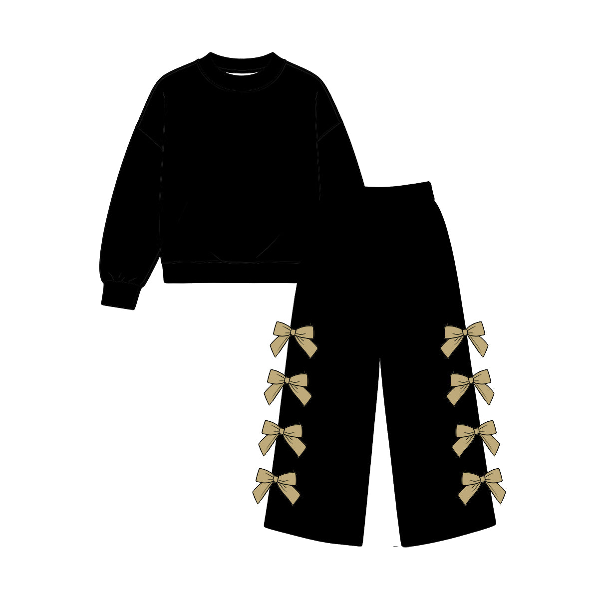 custom moq 5 mix size Baby Girls Black Long Sleeve Top And Khaki Bow Wide Leg Pants Fall Casual Outfit