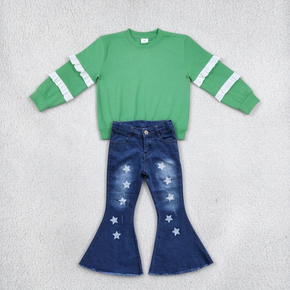 NEW RTS NO MOQ Denim GT1858+ P0127 Baby Girls Green White Patchwork Long Sleeve T-shirts Top Stars Denim Bell Pants Sets