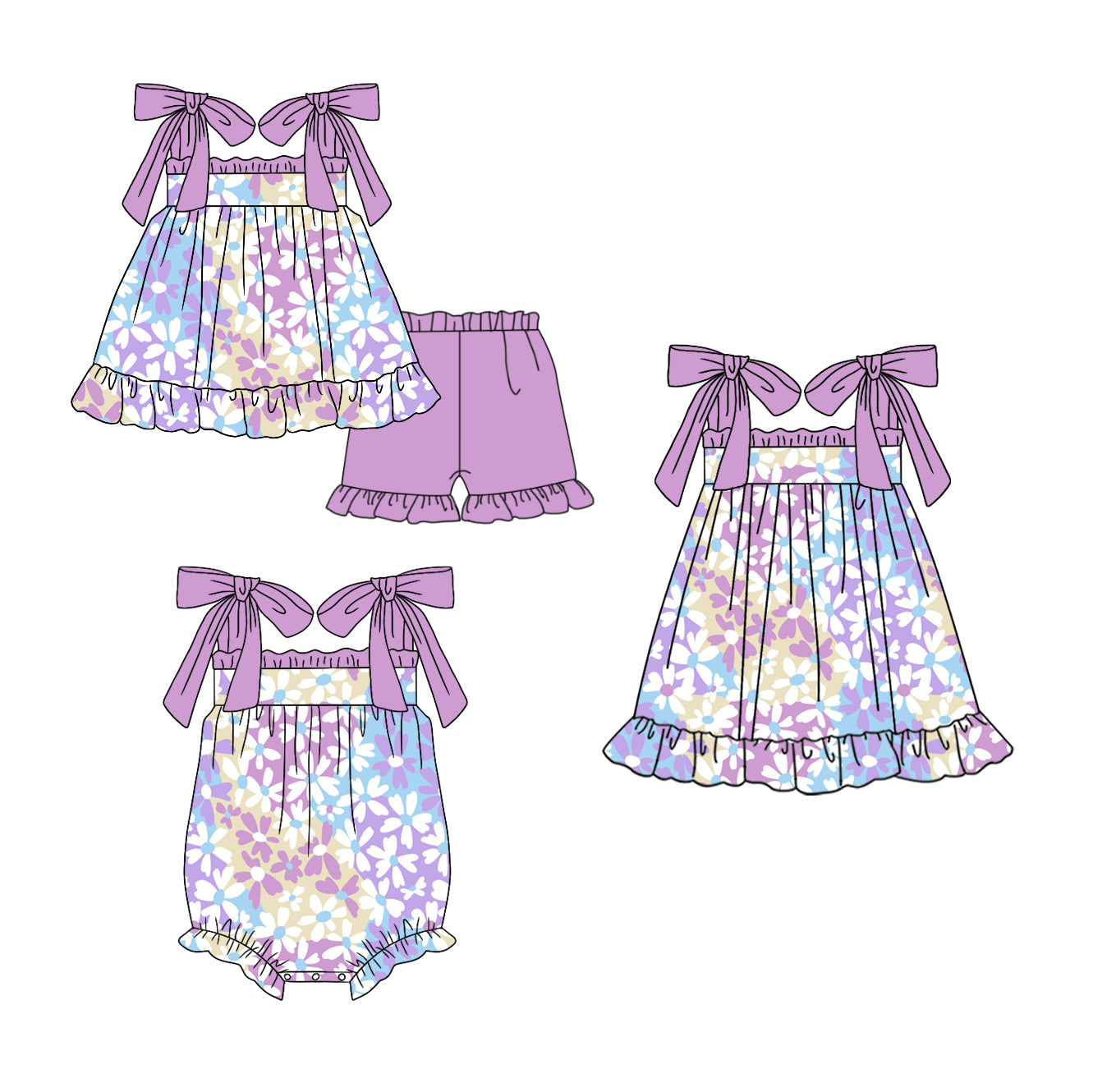 11.18 custom each style moq 5eta 4-6week Sibling Sister floral purple baby girl short sleeve shorts sets and dress and rompers match family design
