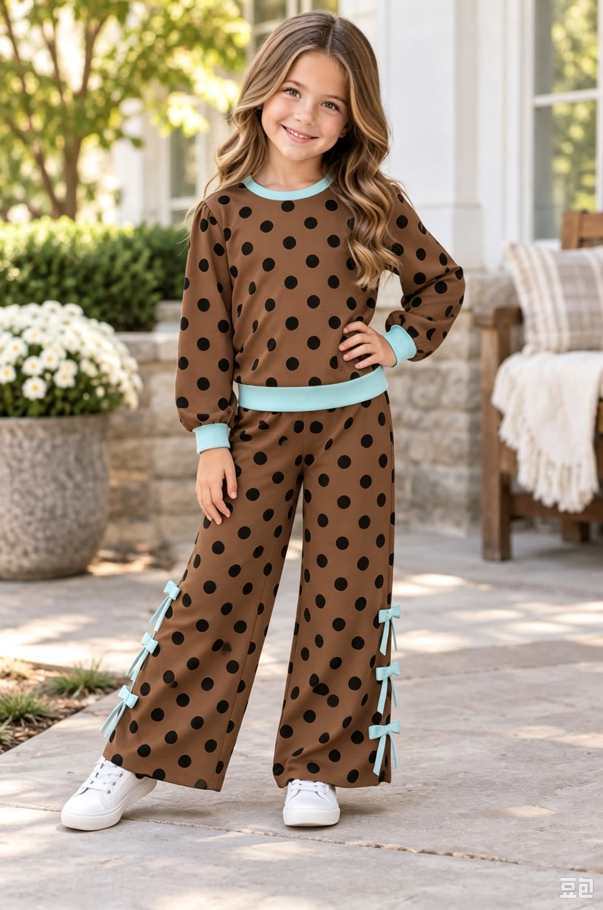 custom moq 5 mix size SETR0103Baby Kids Brown Polka Dot Trim Top Bow Wide Leg Pants Set