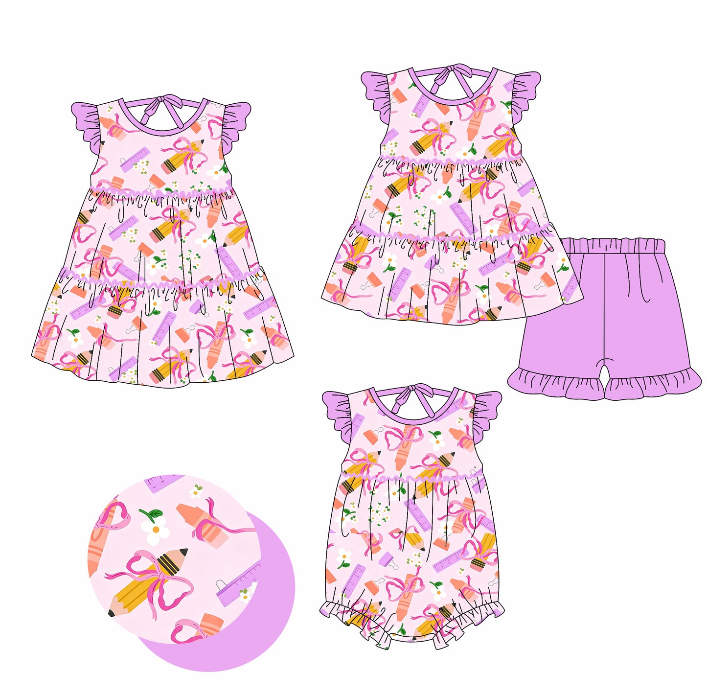 Custom moq 5 mix size Baby Girl's Purple Bow Pencil Print Short-Sleeved Dress Rompers Set with Shorts for Back to School