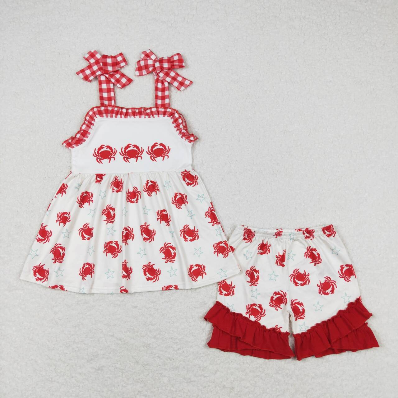 RTS NO MOQ(In Stock) Crab star red and white plaid lace beige sling