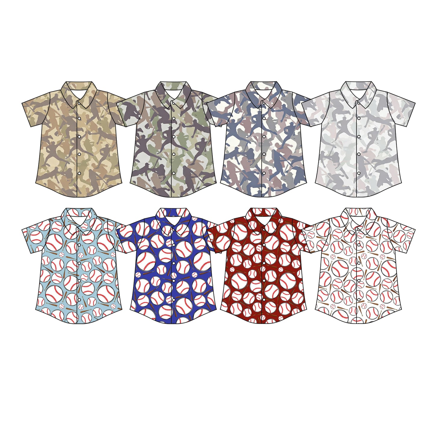 Custom moq 5 mix size Baby Boys Camouflage Baseball Print Button-Down Short-Sleeved Shirt