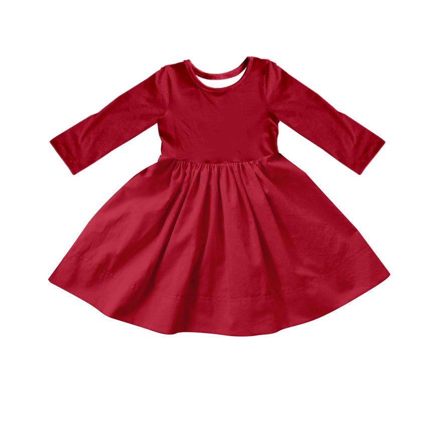 Custom moq 5 Girls Blank Cotton Long Sleeve Dress Burgundy Long Sleeve Dress