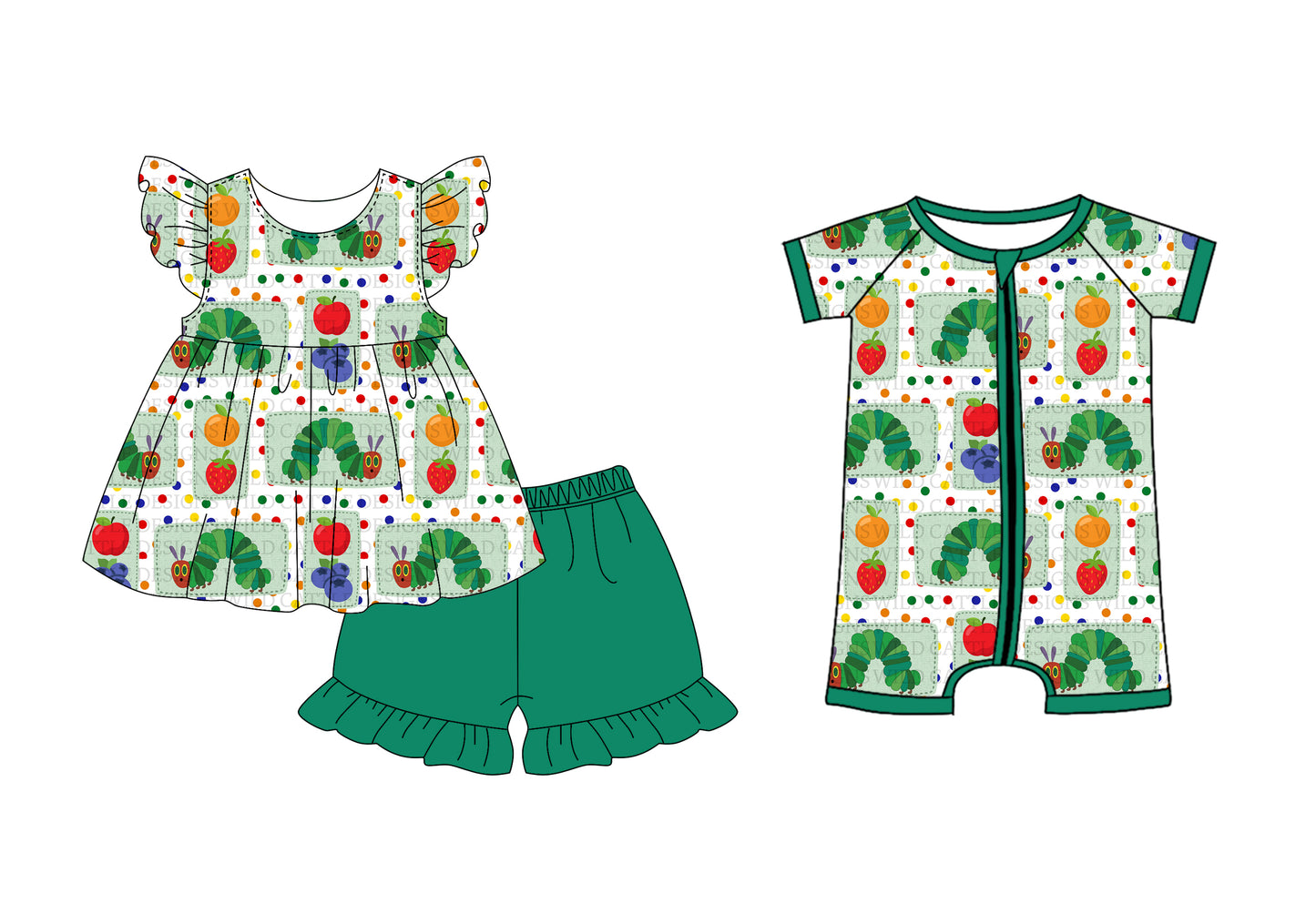 3.16 Custom moq 5 mix size Sibling Baby Girl's Back To School Flutter-Sleeved Top And Green Shorts Set with Matching Boy Short-Sleeved Zippered Romper