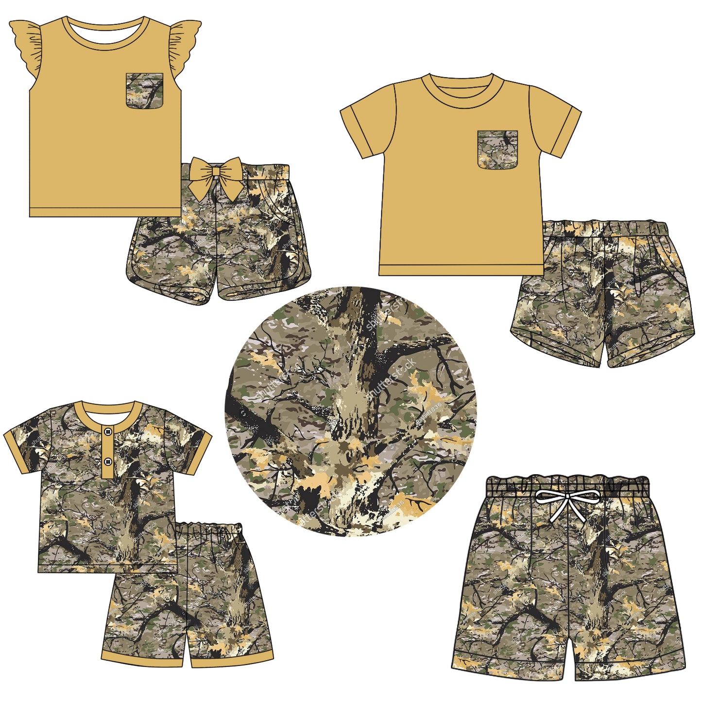 11.9 custom each style moq 5eta 4-6week Sibling Sister camouflage baby girl short sleeve shorts sets 1 and sets 2 and sets 3 and boy swim trunk match design