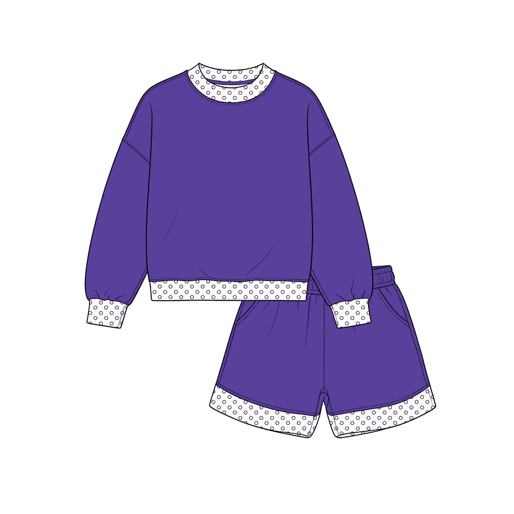 Custom moq 5 cotton fabric girls sets Purple and white long-sleeve top and shorts set blank offer custom logo sets