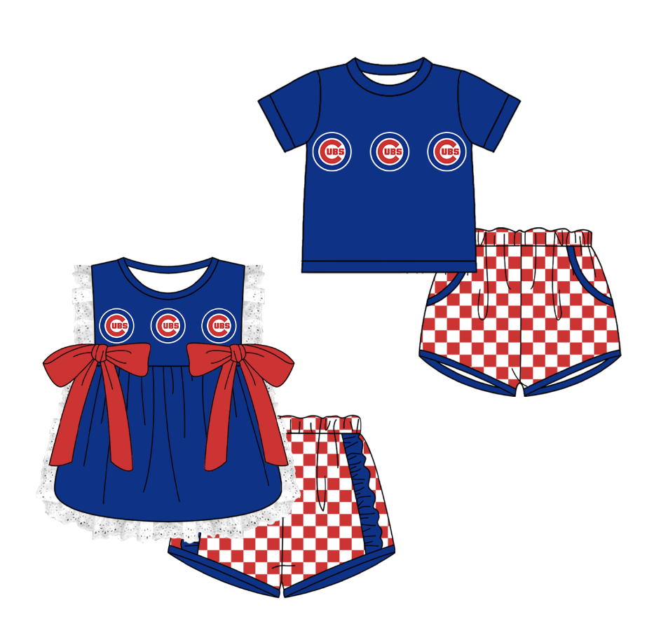 Custom moq 5 mix size milk silk summer teams Blue Girl Sleeveless Top And Plaid Shorts Set with Bow Boy Short Sleeved Top And Plaid Shorts Set