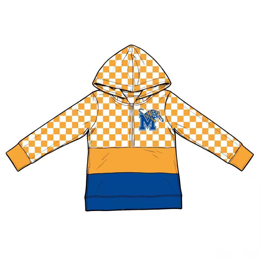 Custom moq 5 mix size summer teams Baby Boys Plaid Print Long Sleeve Zip Up Hooded Casual Sweatshirt Top