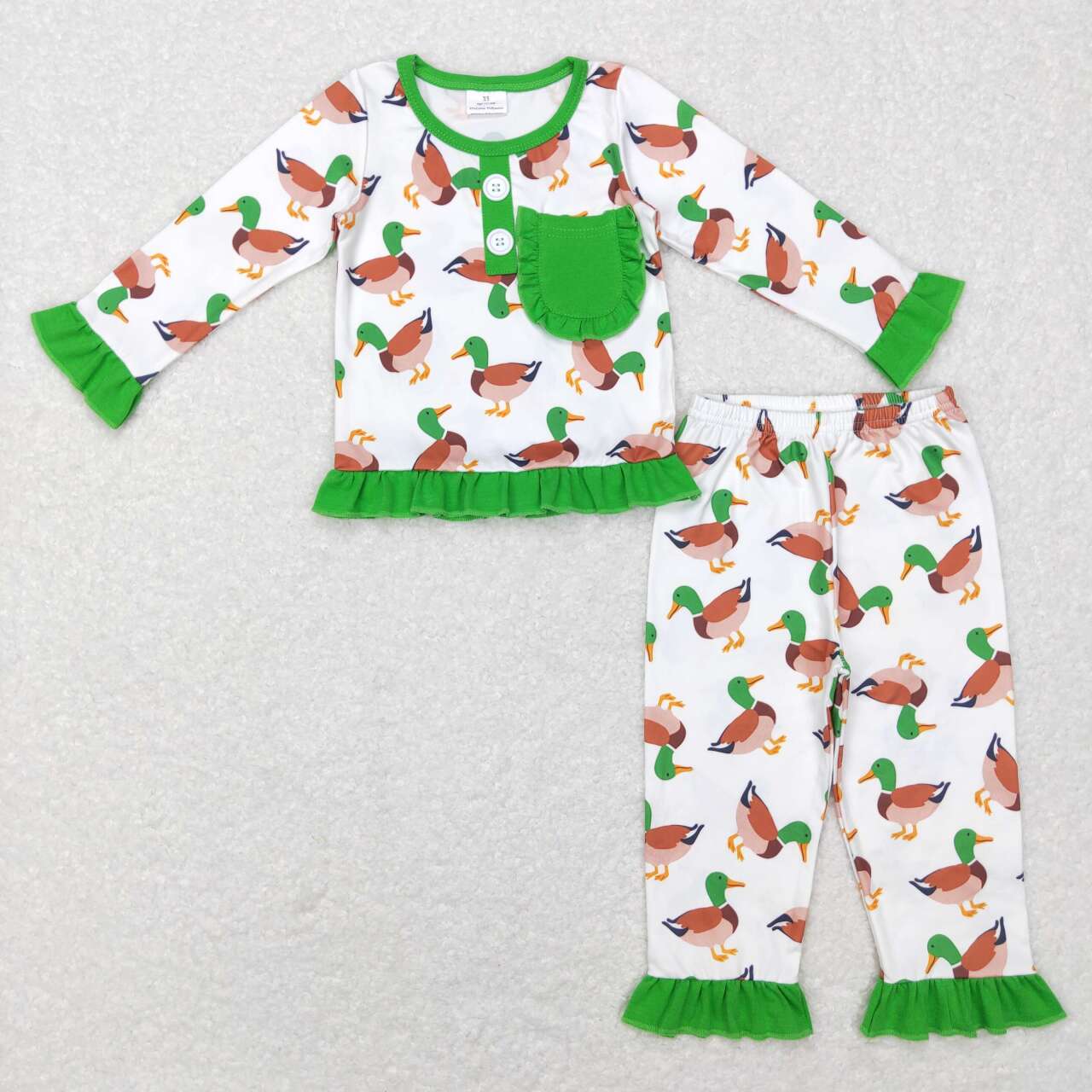 RTS NO MOQ(In Stock ) Duck Green Pocket Lace White Long Sleeve Pants Suit