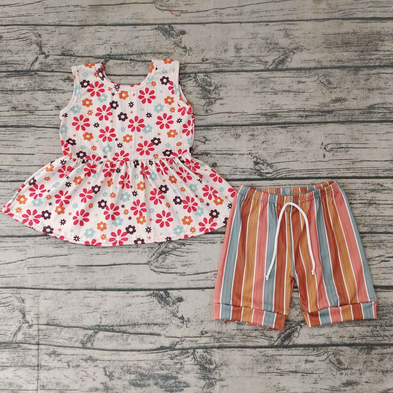 Floral Beige Sleeveless Top Colorful Striped Shorts Set