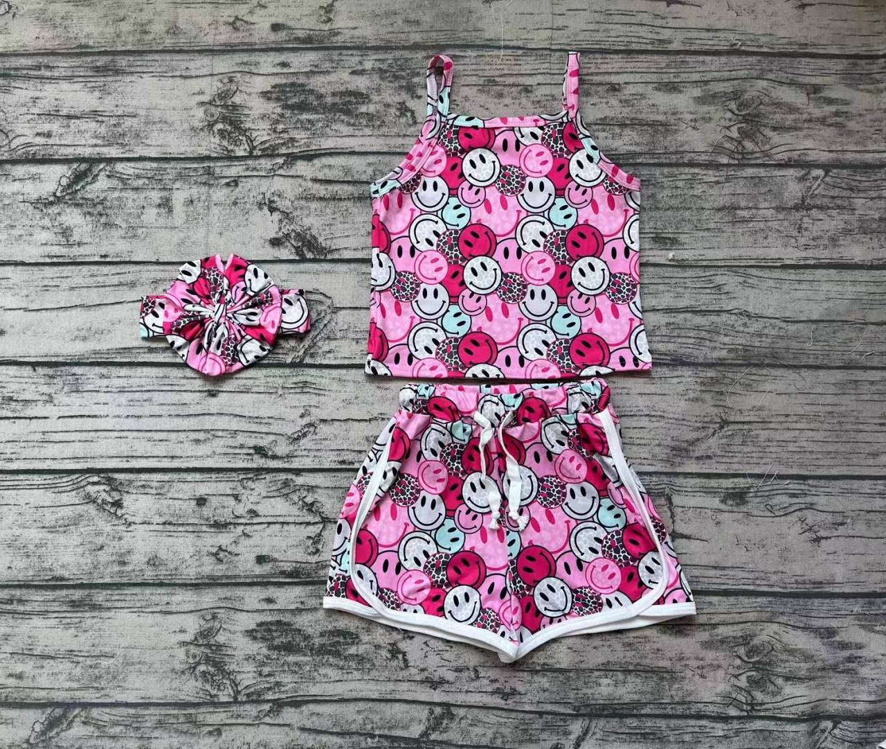 Smiley Pink Headband Sleeveless Shorts Set