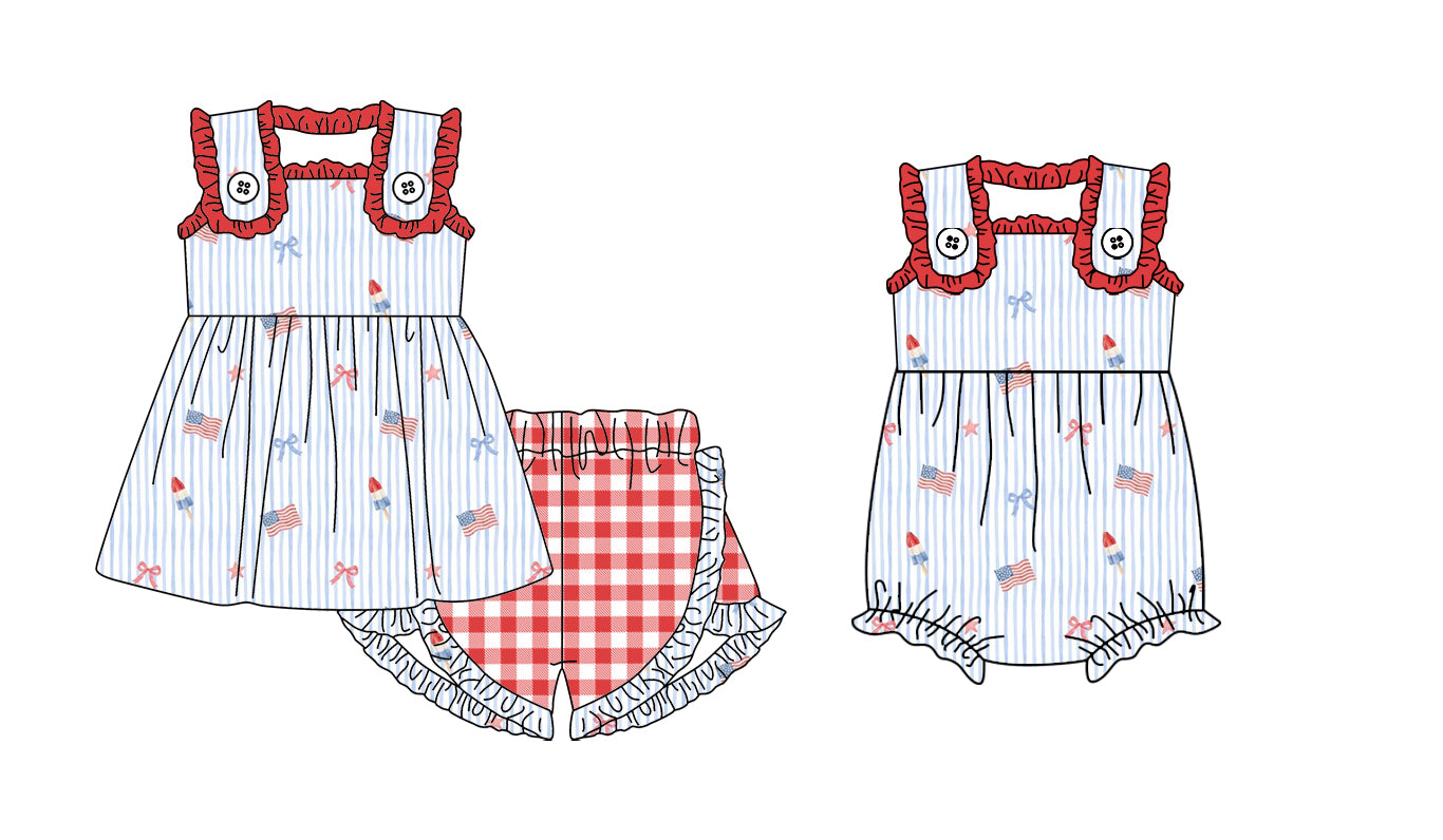 26.1.21 custom each style moq 5 eta 6-8week Sibling Sister flag bow baby girl short sleeve shorts sets and romper match design