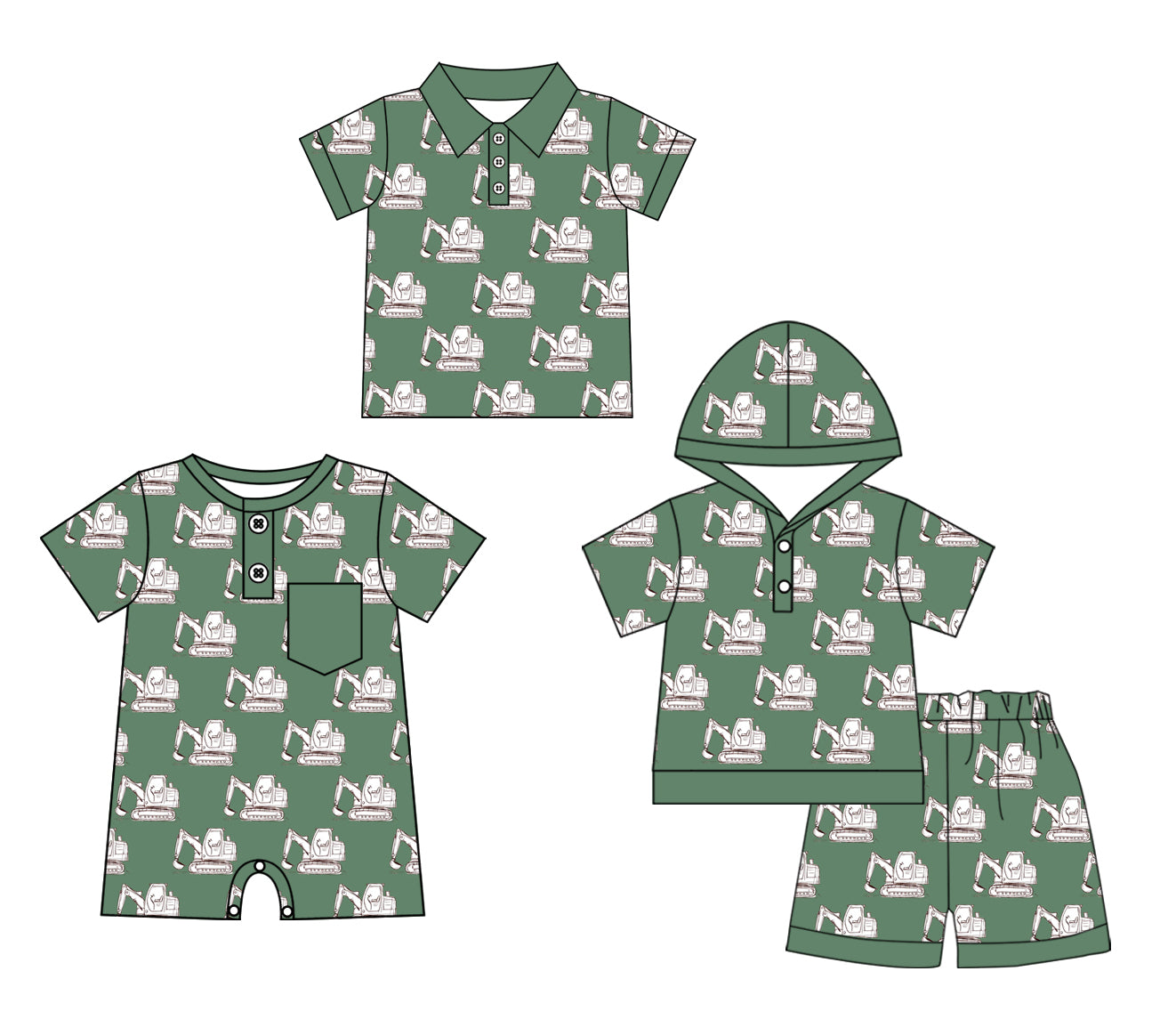 3.19 Custom moq 5 mix size Sibling Baby Boy's Green Short-Sleeved Hooded Top Shorts Set Matching Short-Sleeved Polo Shirt Romper Outfit