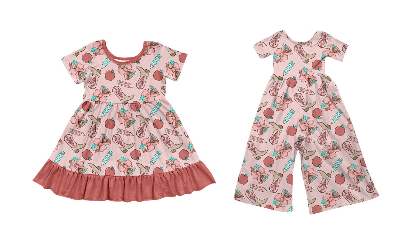 26.1.15 custom each style moq 5 eta 6-8week Sibling Sister boot bow apple baby short sleeve jumpsuit and dress match design