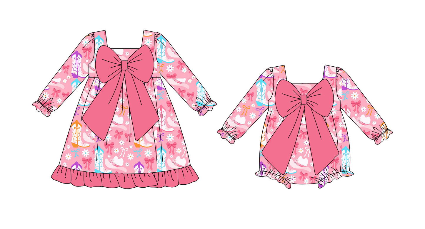25.9.24 custom each style moq 8 eta 6-8week Sibling Sisters boot bow baby girl long sleeve dress and rompers match family design