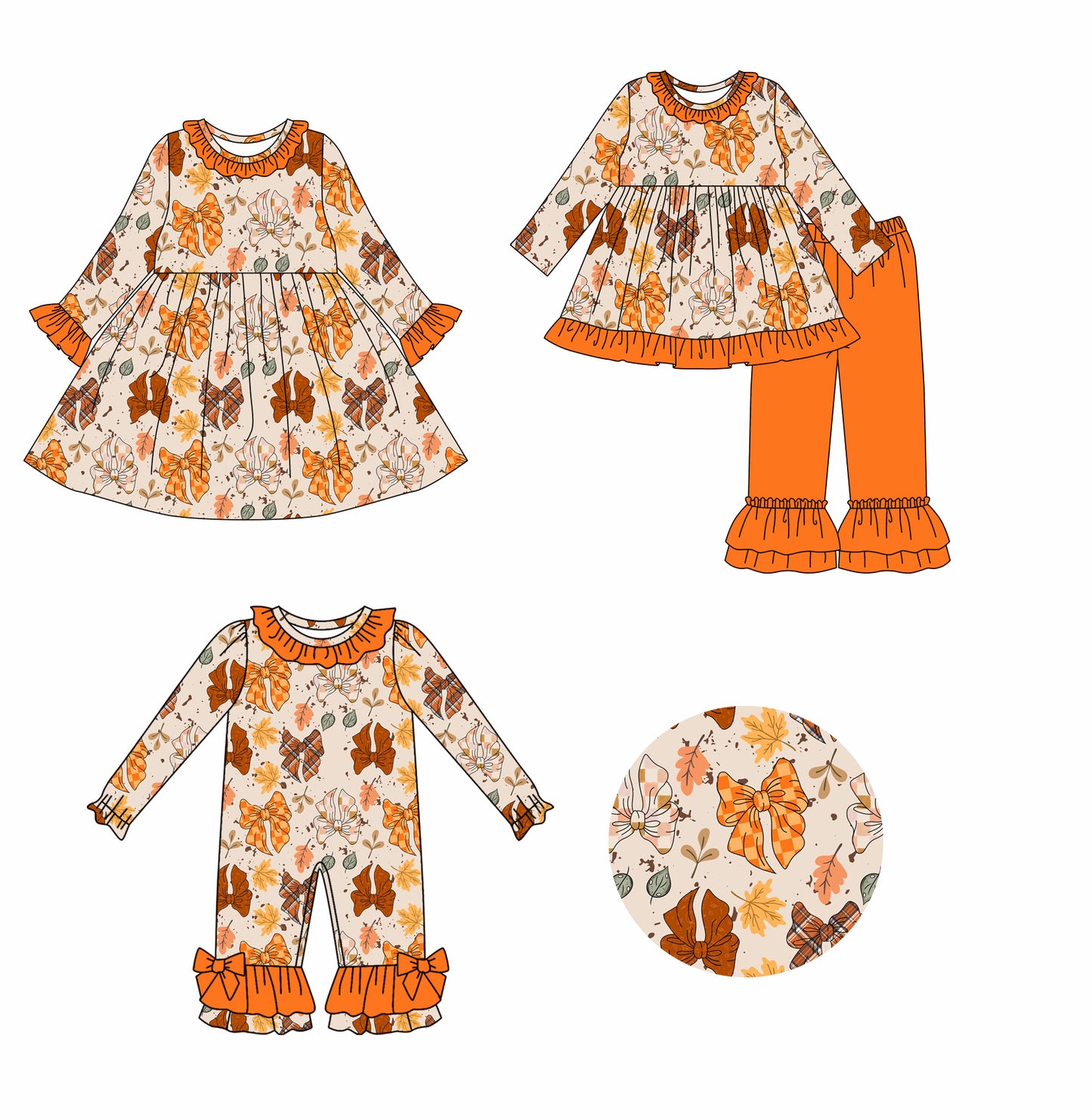 25.7.19 custom each style moq 5eta 4-6week Sibling Sisters bow orange baby girl long sleeve pants sets and dress and rompers match family design