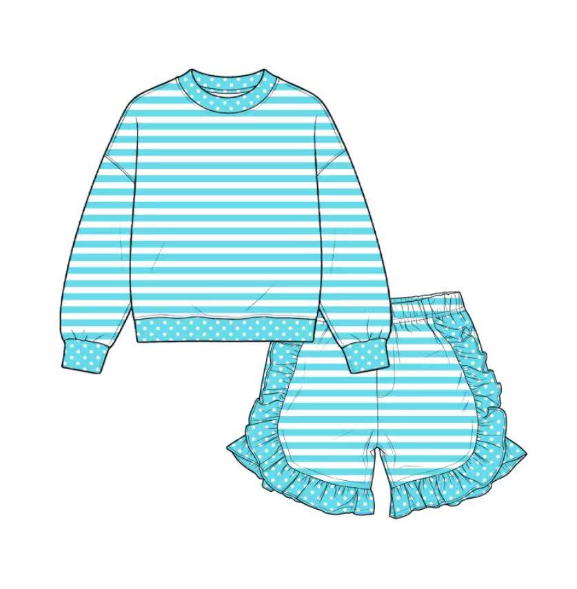 custom moq 5 mix size Baby Girls Cyan Stripe Polka Dot Long Sleeve Top And Ruffle Shorts Outfit Set