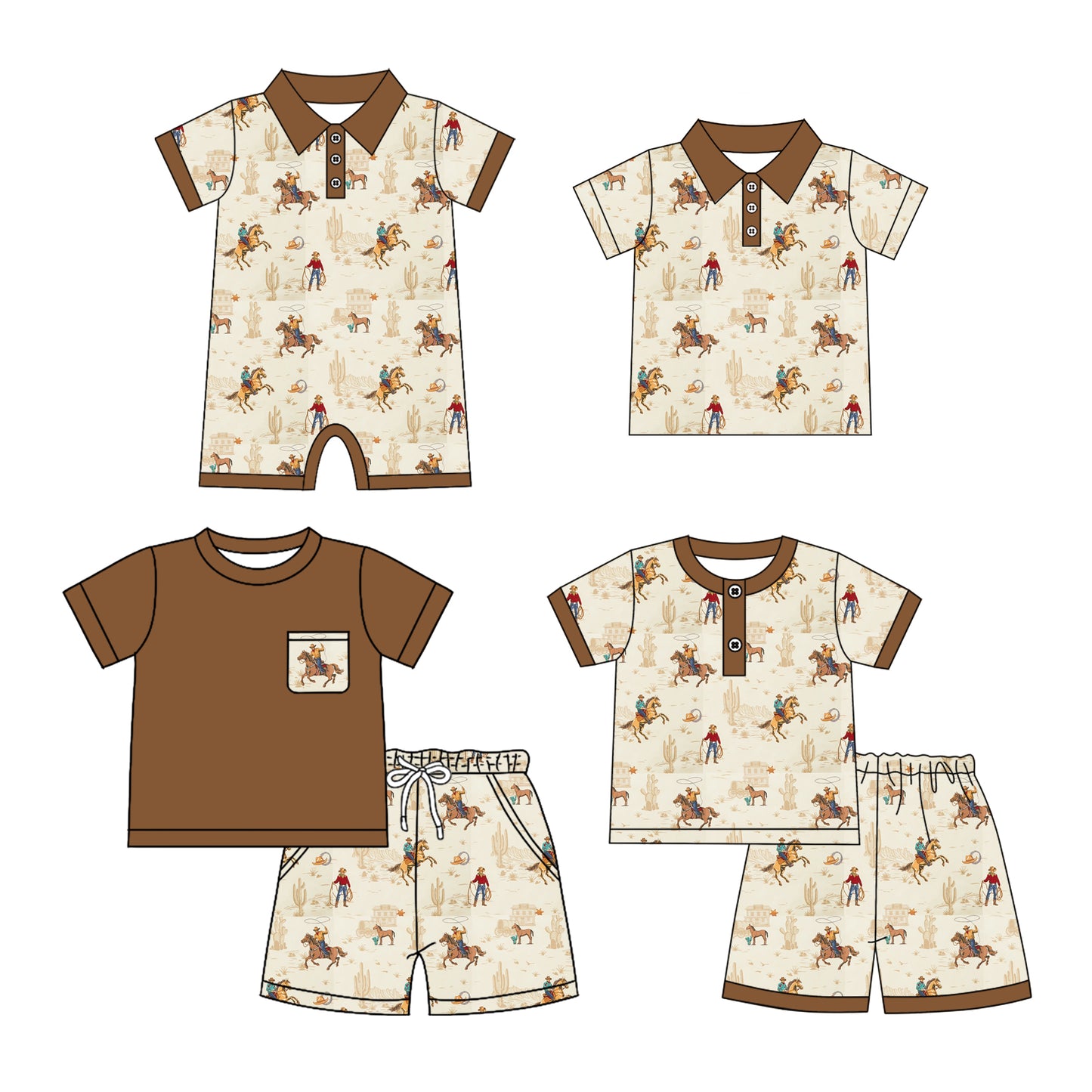 25.12.29 custom each style moq 5 eta 6-8 week Sibling Sister riding horse baby boy short sleeve shorts sets 2 and boy rompers and top match family design