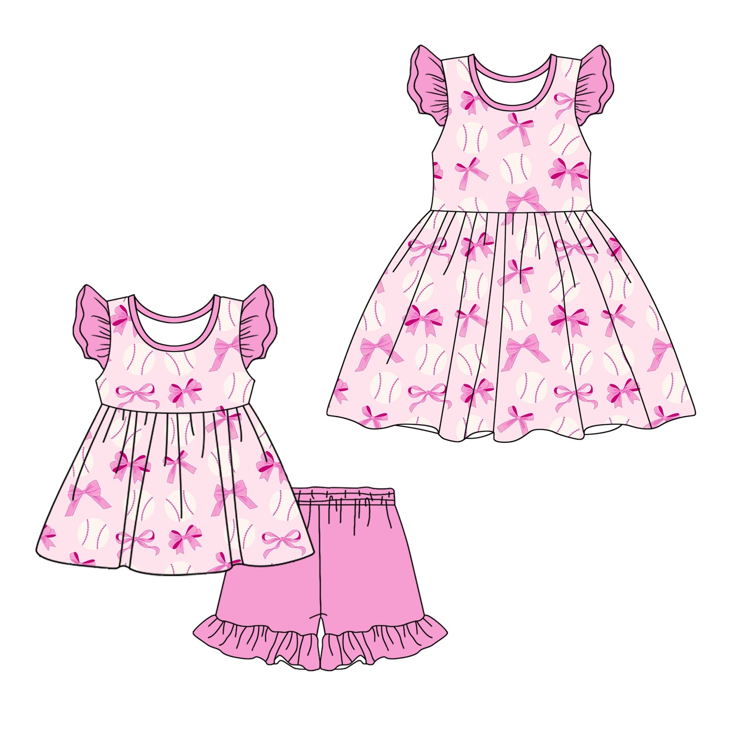 12.7 custom each style moq 5eta 4-6week Sibling Sister bow baseball baby girl short sleeve shorts sets and dresses match design