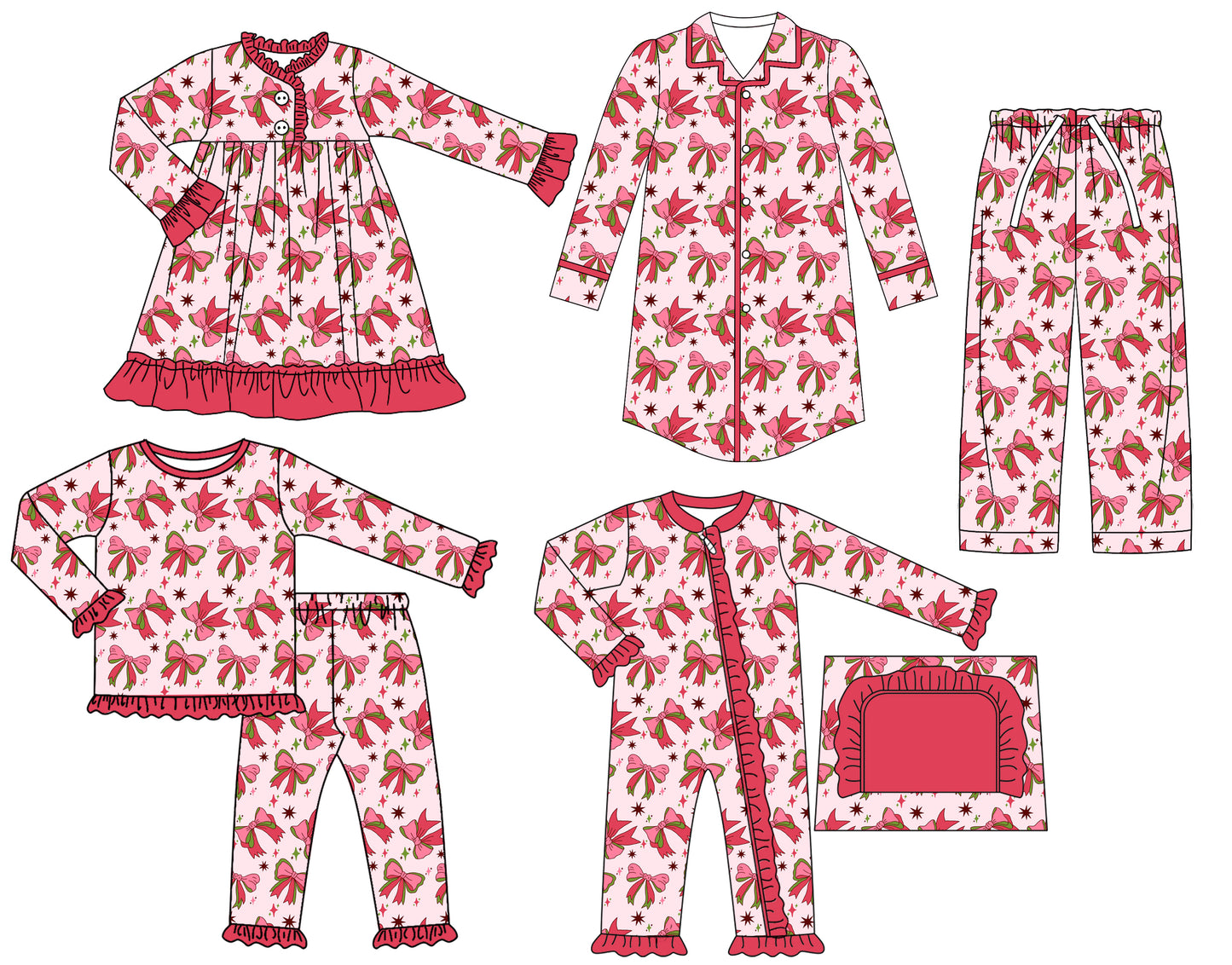 25.6.30 custom each style moq 5eta 4-6week Sibling Sisters bow baby girl long sleeve pants sets and adult top and adult pants and romper and dress match family design