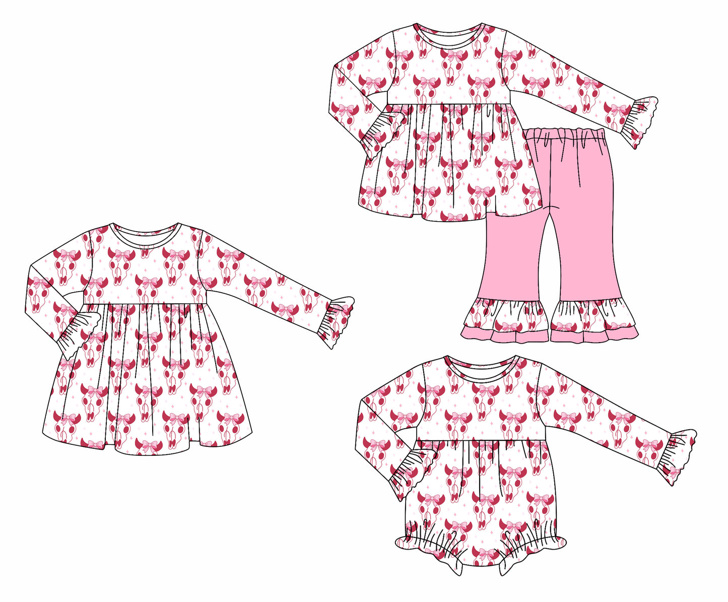 25.8.8 custom each style moq 5eta 4-6week Sibling Sisters cow head bow baby girl long sleeve pants sets and dress and rompers match family design