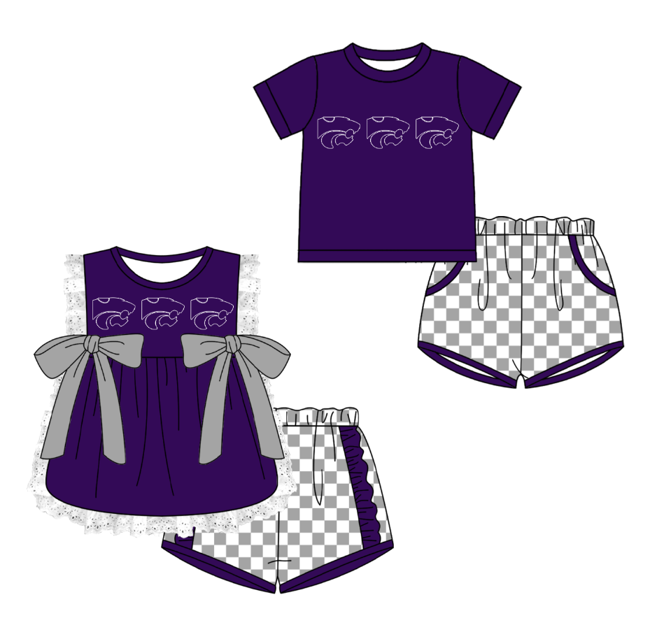 Custom moq 5 mix size milk silk summer teams Purple Girl Sleeveless Top And Plaid Shorts Set with Bow Boy Short Sleeved Top And Plaid Shorts Set