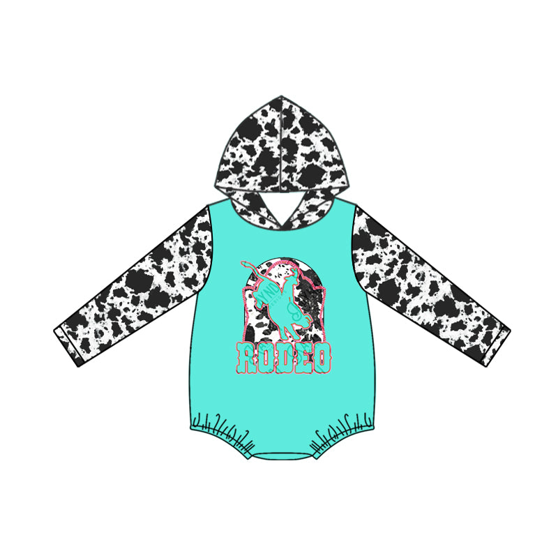 9.10 custom each style moq 5 eta 4-6week Sibling Sister baby girls clothes cow pattern teal hooded long sleeve top and long sleeve romper match family design